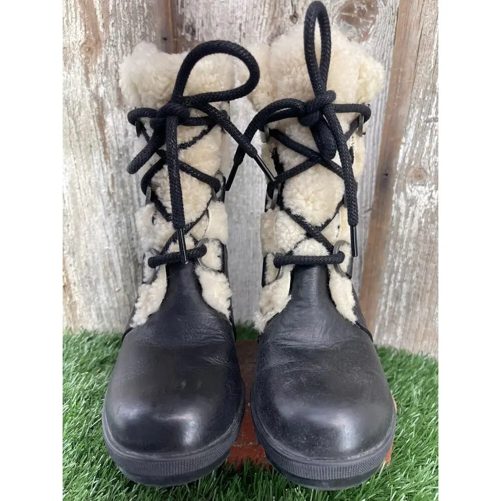 SOREL Joan of Artic III Shearling Wedge Black Leather Lace-Up Women's 6.5